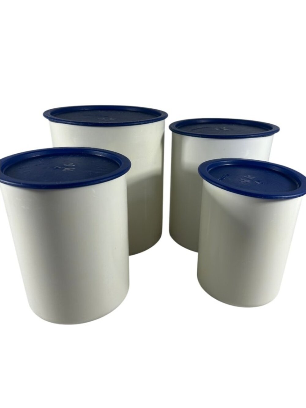 Vintage Tupperware One Touch Canister Set 4 White Blue Lids Nesting READ